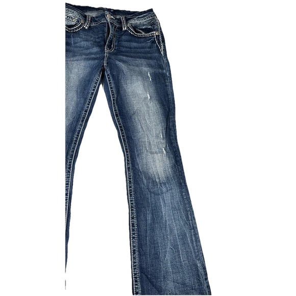 Miss Me Jeans Womens 30 Blue Mid Rise Bootcut Distressed Flap Pockets Rhinestone - Picture 3 of 16